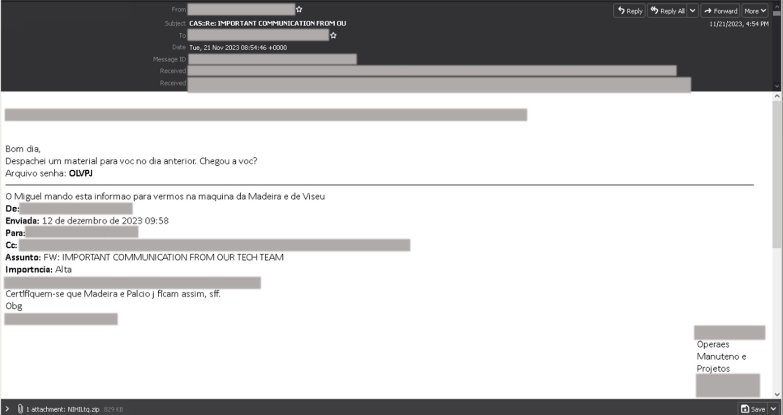 Figure 2. Sample email with a malicious ZIP attachment