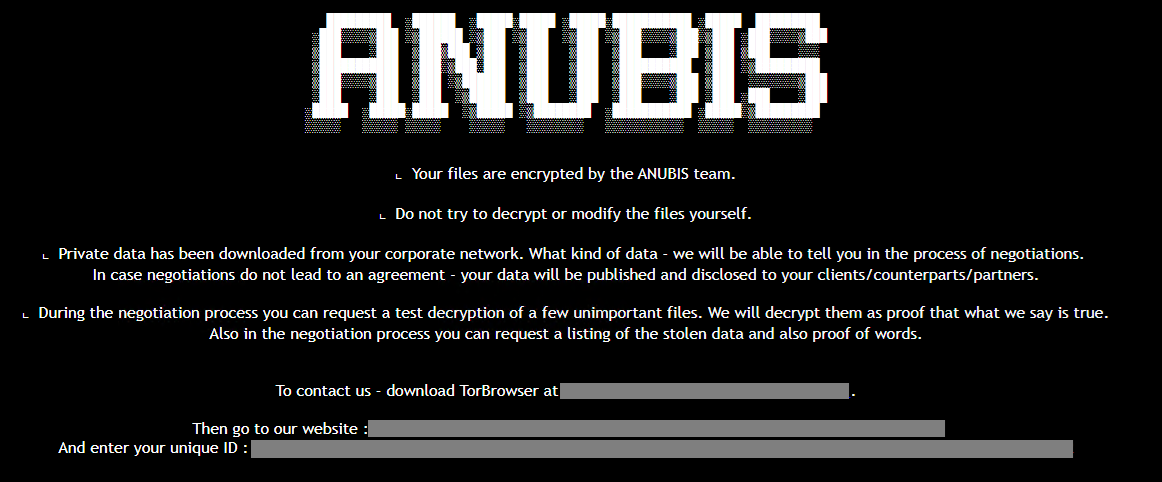 The ransom note file named RESTORE FILES.html, by the “ANUBIS team” after encrypting the victim's files.